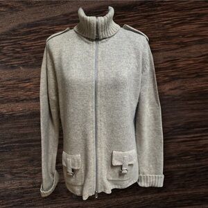 EASTSIDE WESTSIDE CLASSIC BEIGE FULL ZIP-UP LONG LAMBSWOOL CARDIGAN SIZE XL